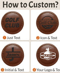 Custom Golf Ball Markers With Logo Text Laser Engraving Magnetic Leather Marker Set showing personalization options