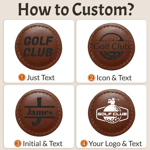 Custom Golf Ball Markers With Logo Text Laser Engraving Magnetic Leather Marker Set showing personalization options