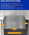 Front view of drop-in laundry sink, 25x22 in, 12 in deep, 16-ga 304 stainless steel, single bowl DC-L7701