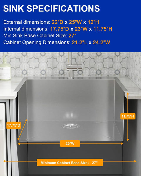 Front view of drop-in laundry sink, 25x22 in, 12 in deep, 16-ga 304 stainless steel, single bowl DC-L7701