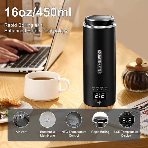 Portable Travel Electric Kettle With Four Temperature Settings 304 Stainless Steel Auto Shut Off 450ml on table