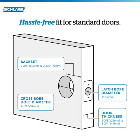 Heavy Duty Matte Black Deadbolt With Greenwich Trim, Keyed Entry installation dimensions diagram with measurements for door fit