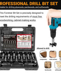 Top Shelf Forstner Bit Set With Sixteen Heavy Duty Wood Drill Bits cutting flat bottom holes in hardwood and softwood, displayed in a case.