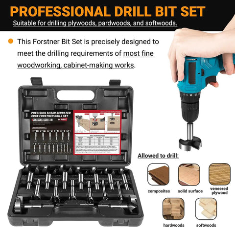Top Shelf Forstner Bit Set With Sixteen Heavy Duty Wood Drill Bits cutting flat bottom holes in hardwood and softwood, displayed in a case.