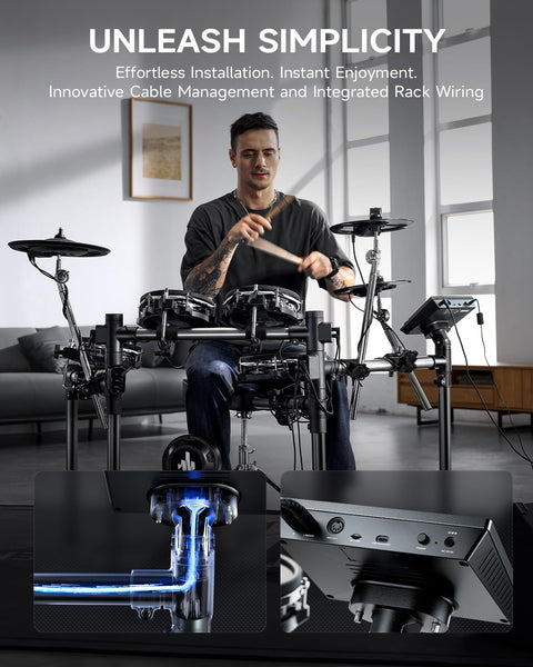 Man playing Beat Electronic Drum Set With Quiet Mesh Pads and 12 Inch Cymbals, featuring 7 Inch Touch Module and USB MIDI connection.