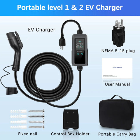 Level One And Level Two EV Charger With 25 Foot Cable, NEMA 6 20 And NEMA 5 15 Plug Adapter, user manual and accessories displayed