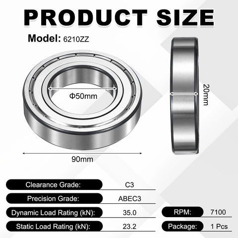 Front and side views of 6210ZZ deep groove ball bearing, 50x90x20 mm, double metal shielded, pre-lubricated