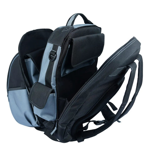 Heavy Duty Welding Backpack For Tools And Helmet, Detachable Helmet Compartment, Large Capacity, Grey, Open View