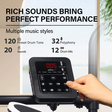 Person adjusting drum module on Kickin Electronic Drum Set With Amp For Beginners, Quiet Mesh Pads And Cymbals, USB MIDI