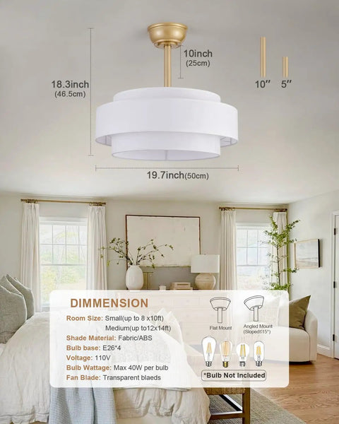 XINGSIYUELYX Gold Ceiling Fan in living room with white shade, dimensions 19.7x18.3 inches, translucent blades.