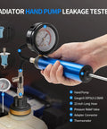 Heavy Duty 18 Piece Radiator Pressure Tester Kit For Coolant System Leak Detection With Pump Gauge Adapter Set Thermometer showing hand pump with pressure gauge and hose.