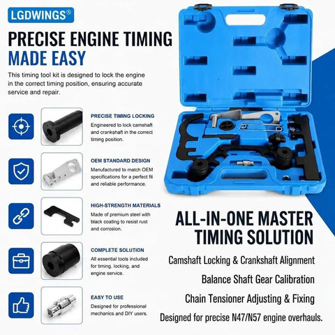 BMW Timing Tool Kit With Camshaft Locking And Crankshaft Alignment Set For N47 N47S N57 2.0L 3.0L Diesel Engines in blue molded case.