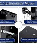 Heavy Duty Fire Extinguisher Bracket Wall Mount For 20 Lb Dry Chemical Or 10 Lb CO2 Extinguishers, Built Tough For Trucks, Boats, Cars, RVs, And Garages, Schools, Replaces 810 Mount, Stainless Steel Finish, 3 Year Warranty showing non-slip washer, quick-release pin, adjustable bolts, and pre-drilled holes.