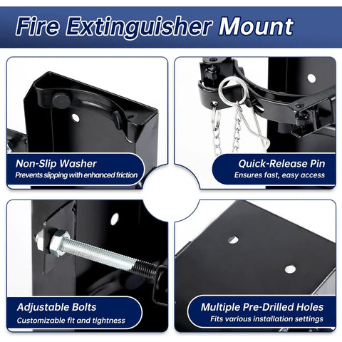 Heavy Duty Fire Extinguisher Bracket Wall Mount For 20 Lb Dry Chemical Or 10 Lb CO2 Extinguishers, Built Tough For Trucks, Boats, Cars, RVs, And Garages, Schools, Replaces 810 Mount, Stainless Steel Finish, 3 Year Warranty showing non-slip washer, quick-release pin, adjustable bolts, and pre-drilled holes.