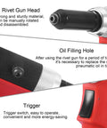 Heavy-Duty Pneumatic Rivet Gun S70 With Air-Powered Hydraulic Force showing oil filling hole, trigger, and rivet gun head details.