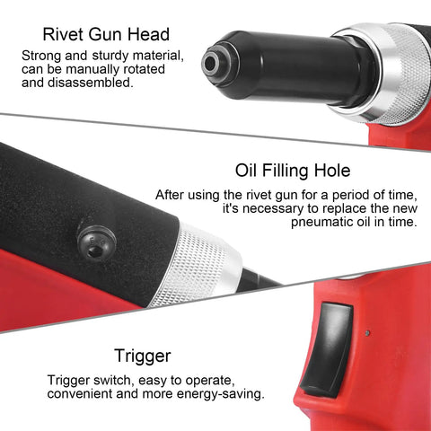 Heavy-Duty Pneumatic Rivet Gun S70 With Air-Powered Hydraulic Force showing oil filling hole, trigger, and rivet gun head details.