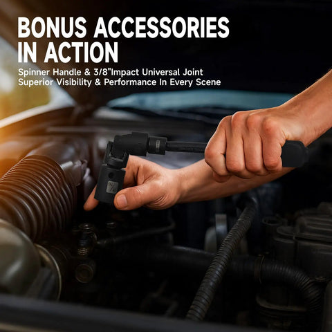 Hand using 3/8-inch drive impact universal joint from 72 Piece Impact Socket Set Three Eighths Inch Drive With Six Point Deep Sockets