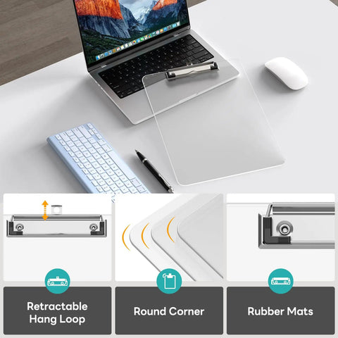 Clear Plastic Clipboard 2 Pack For 8.5 By 11 Papers, Letter Size, shown on desk with laptop and accessories.