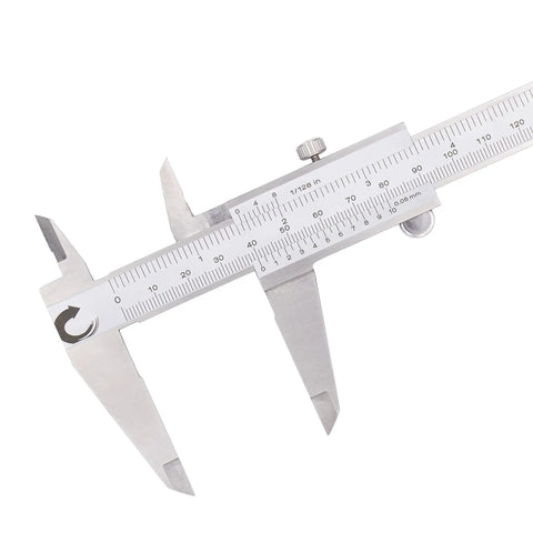Stainless Steel Vernier Caliper 0 To 8 Inch And 200 mm With Inch Fraction And Metric Readings, Smooth Sliding Caliper, close-up on scale.