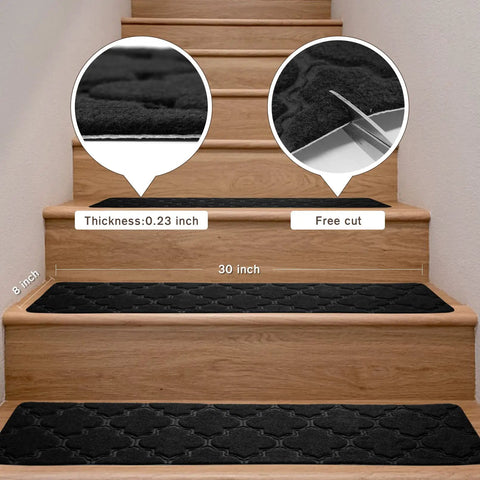 Non Slip Stair Treads Carpet For Wooden And Tile Steps 8x30 Inches 15 Pack displayed on wooden stairs, shows thickness and cutting.