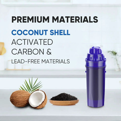 CRF950Z Pitcher Water Filter Replacement showing blue filter, coconut shell, and activated carbon for chlorine reduction.