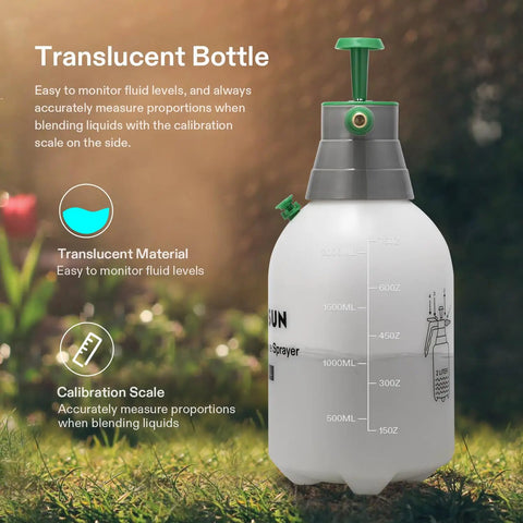Durable Handheld Garden Sprayer 2L Pump Sprayer with 68 Oz Capacity, translucent bottle with calibration scale and safety valve.