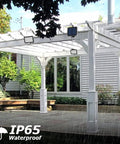 Outdoor Solar Motion Sensor Lights Bangin With 56 LED Dual Lamps And Sixteen Feet Separated Cables on pergola in rain
