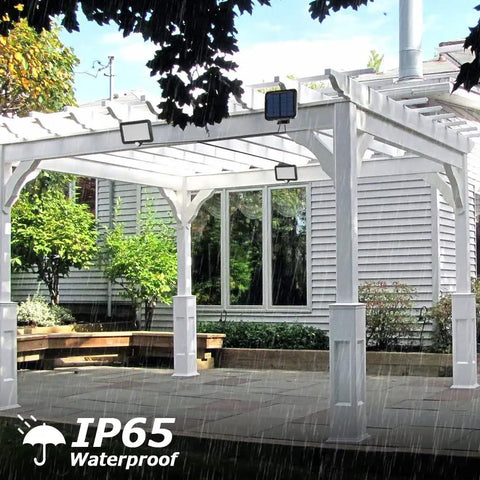 Outdoor Solar Motion Sensor Lights Bangin With 56 LED Dual Lamps And Sixteen Feet Separated Cables on pergola in rain