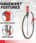 Portable Battery Powered Gas Transfer Pump for Gas Diesel and DEF with Quick Stop Nozzle, 2.8 GPM, shown with features