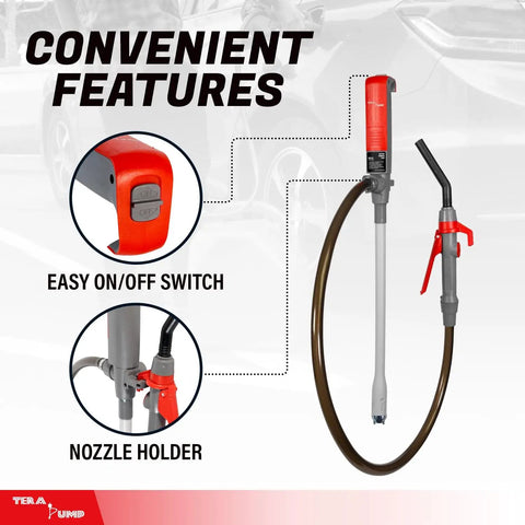 Portable Battery Powered Gas Transfer Pump for Gas Diesel and DEF with Quick Stop Nozzle, 2.8 GPM, shown with features