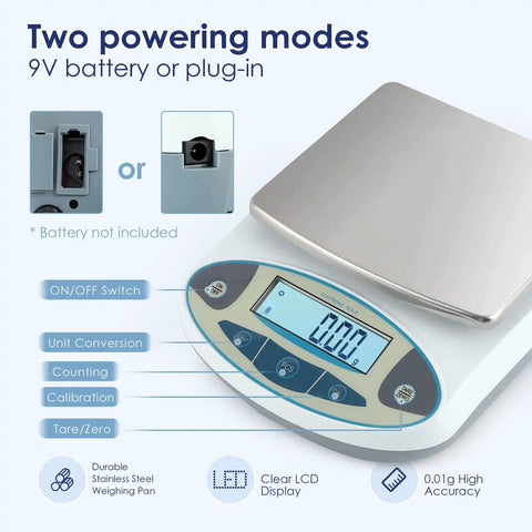 Ultra Accurate 0.01g Lab Digital Scale With 5000g Capacity, showing stainless steel pan and LCD display for weighing