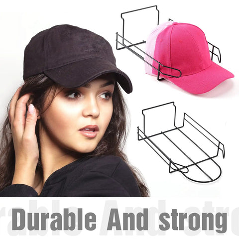 Four Piece Metal Hat Display Racks for Slat Wall with pink and black caps, ideal for wall shelves and retail displays