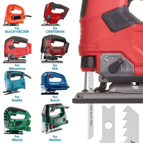 Top Shelf 24 Piece High Carbon Steel Jigsaw Blade Set Packing Killer U Shank Design displayed with various compatible jigsaws.