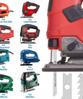 Badass 24 Piece Jigsaw Blade Set Built Tough With High Carbon Steel Assorted U Shank Saw Blades Insanely Fast Cutting Through Wood Metal And Plastic Plus Full Tpi Range displayed with various jigsaw saws.
