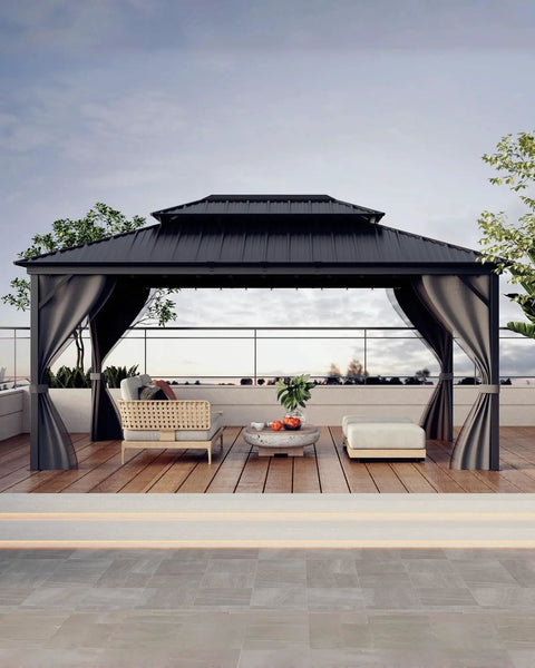 12x16 Hardtop Gazebo With Galvanized Steel Double Roof Heavy Duty Outdoor Pavilion With Netting And Curtains for patio