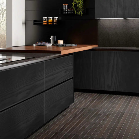 Modern kitchen with Black Wood Contact Paper Peel And Stick 118 Inch By 16 Inch Waterproof Self Adhesive Wallpaper on cabinets.