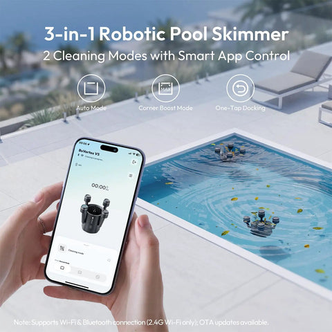 Make Pool Cleanup A Breeze With This V5 Skimmer Robot For In-Ground And Above-Ground Pools, App control on smartphone display