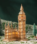 Big Ben 3D Wooden Puzzle Kit For Adults Easy To Build And Satisfying To Finish Laser Cut Wood Model That Makes A Dope Gift For Family And Friends And A Stylish Home Decor Piece., illuminated laser-cut plywood Big Ben 3D wooden puzzle model on display