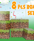 Fire Pixel Art Party Favor Boxes 8 Pack Grass Cubes Containers Sturdy Cardboard Treat Holders For Epic Birthday Bash And Legit Squad Game Night Essentials Today stacked for display.