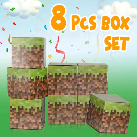 Fire Pixel Art Party Favor Boxes 8 Pack Grass Cubes Containers Sturdy Cardboard Treat Holders For Epic Birthday Bash And Legit Squad Game Night Essentials Today stacked for display.
