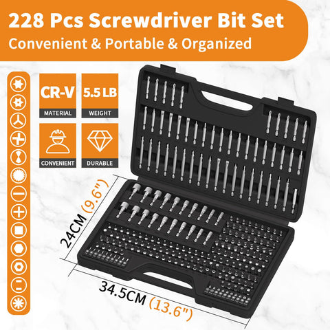 228 Piece Pro Grade Screwdriver Bit Set with Magnetic Bit Holder in open tool box with detailed specs on white background.