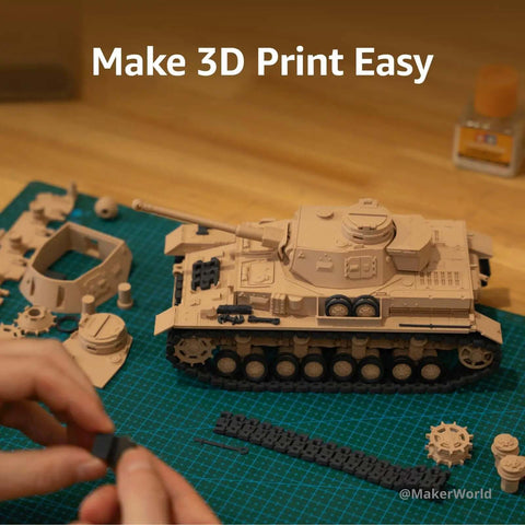 Hands assembling model tank parts with Blazing Fast A1 Mini 3D Printer accessories, highlighting multi-color precision printing.