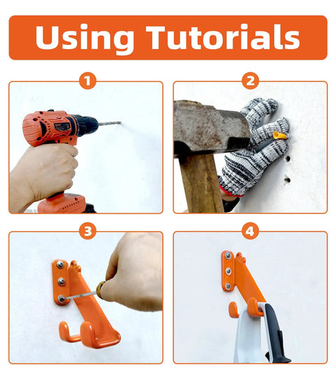 Installation guide for Heavy Duty Chainsaw Hanger Wall Mount 2 Pack For Garage Organization, showing drilling and attaching steps.