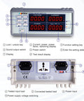 High Precision Bench Digital AC Power Meter For Lab And Workshop Pro Grade Readouts Of Voltage Current Power Factor And Frequency With Upper And Lower Limit Alarm Built In Processor And Accurate 0.4 Percent Plus 0.1 Percent front and back view