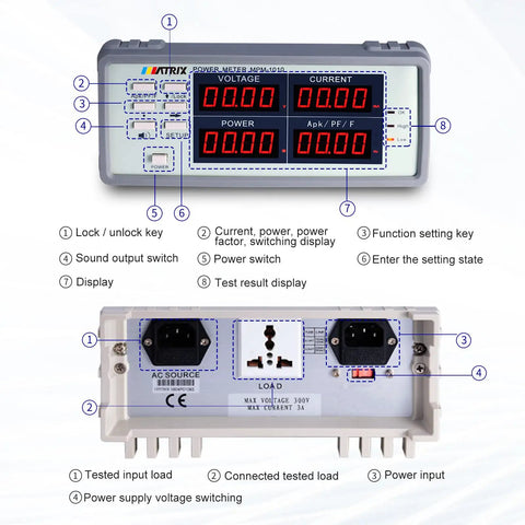 High Precision Bench Digital AC Power Meter For Lab And Workshop Pro Grade Readouts Of Voltage Current Power Factor And Frequency With Upper And Lower Limit Alarm Built In Processor And Accurate 0.4 Percent Plus 0.1 Percent front and back view
