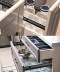 Black Plastic Drawer Slides With 12 Inch Side Mount Guide Rails And Mounting Hardware For Cabinet Or Closet Upgrades displaying smooth gliding bottles and organized drawers.
