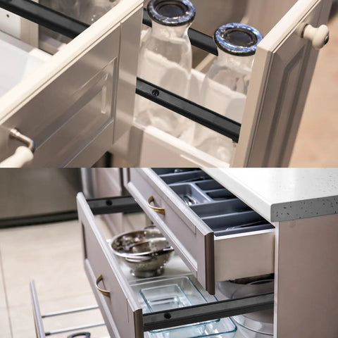 Black Plastic Drawer Slides With 12 Inch Side Mount Guide Rails And Mounting Hardware For Cabinet Or Closet Upgrades displaying smooth gliding bottles and organized drawers.