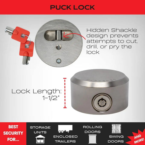 Heavy Duty Puck Lock in Stainless Steel for Padlock Replacement shown with concealed shackle and measurement of 1-1/2 inches