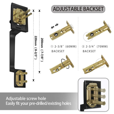 Diagram showing Matte Black Front Door Handle Set With Single Cylinder Deadbolt And Exterior Lever Lock adjustable latch