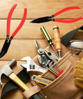 Two Pack Sheet Metal Hand Seamer with Anti Slip Handle, pliers with rust resistant build, and tools laid out on a wooden surface.